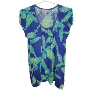 Lilly Pulitzer Top Sz Small S Sheer Blue Green Shell Print Coastal Preppy Beachy